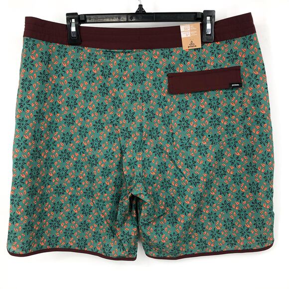 PRANA Men's Vintage Boardshort Size 35 Green Cove Geo Floral 8" Inseam Swim NWT - Picture 7 of 9